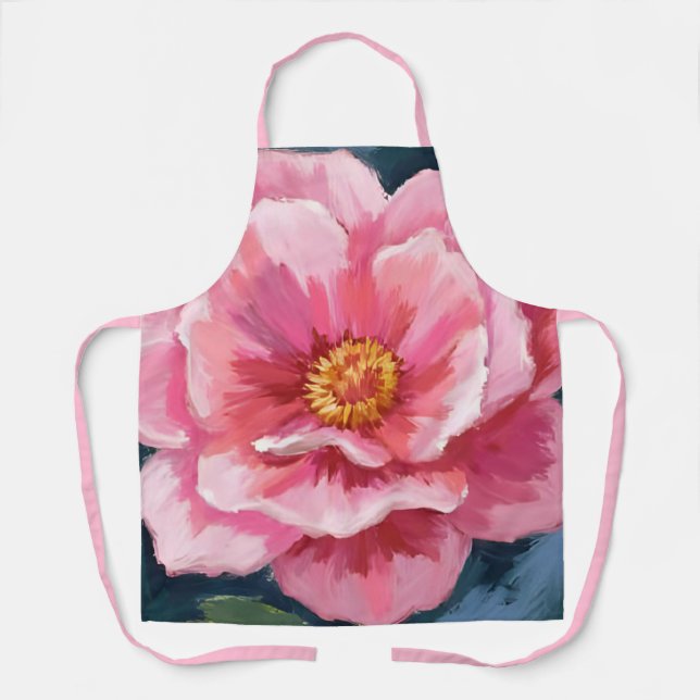 Pink Peony Flower Watercolor Floral Painted Apron (Front)