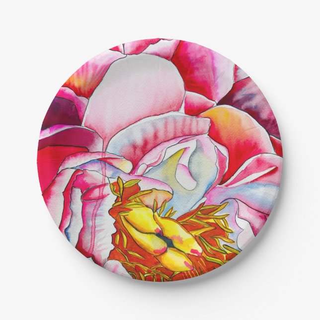Pink peony flower watercolor paper plate (Front)