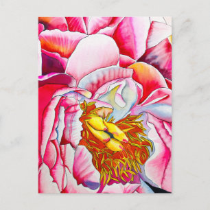 Pink peony flower watercolor postcard