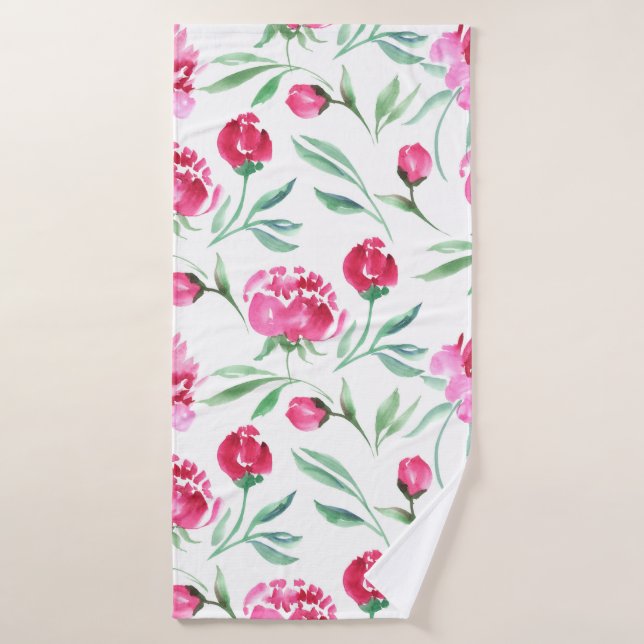 Pink peony flower watercolor seamless pattern bath towel (Bath Towel)