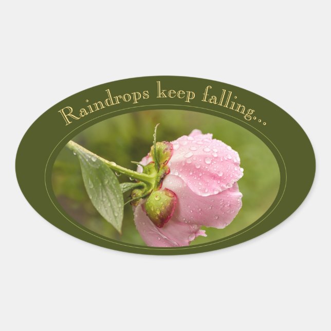 Pink peony flower with glittering raindrops CC1044 Oval Sticker (Front)