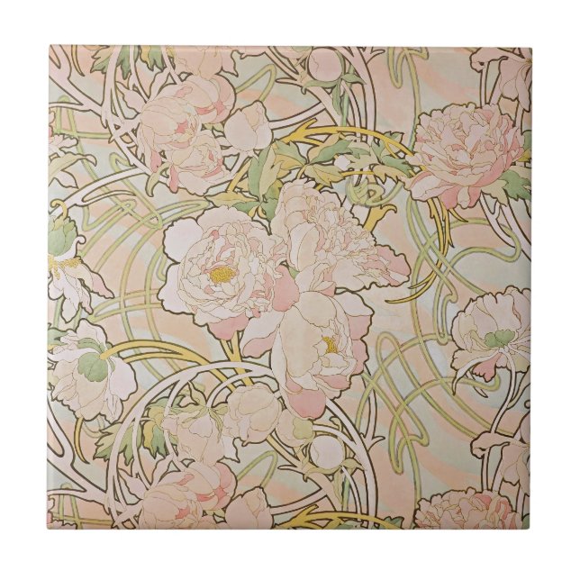 Pink Peony Flowers Alphonse Mucha Tile (Front)
