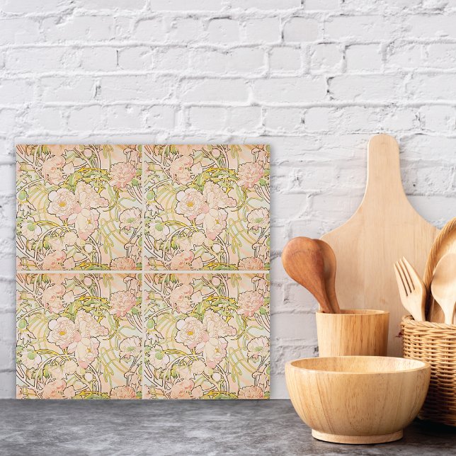 Pink Peony Flowers Alphonse Mucha Tile (Creator Uploaded)