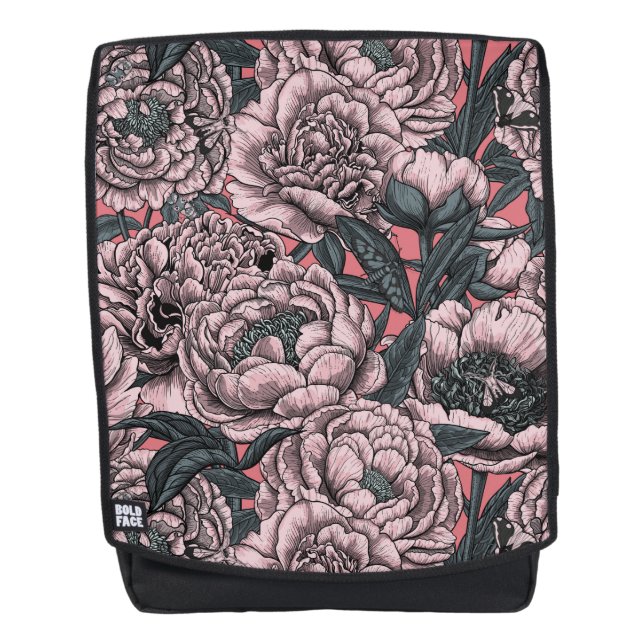 Pink peony flowers and moths backpack (Front)