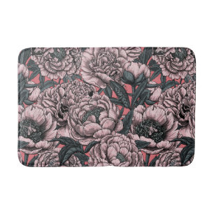 Pink peony flowers and moths bath mat