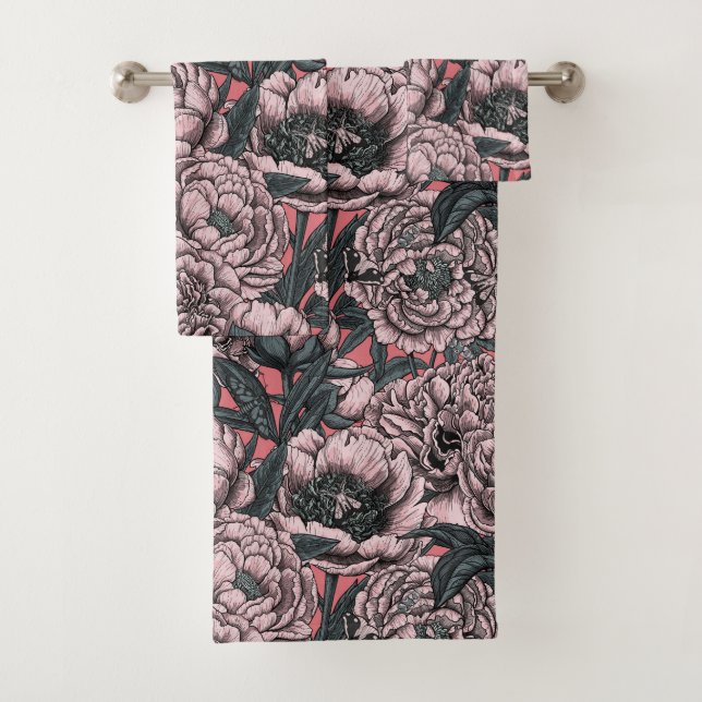 Pink peony flowers and moths bath towel set (Insitu)