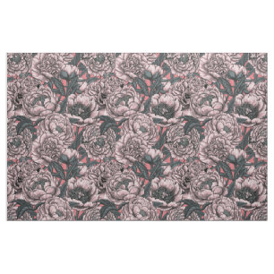 Pink peony flowers and moths fabric