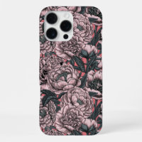 Pink peony flowers and moths