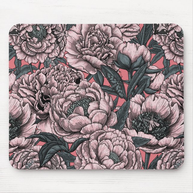 Pink peony flowers and moths mouse pad (Front)