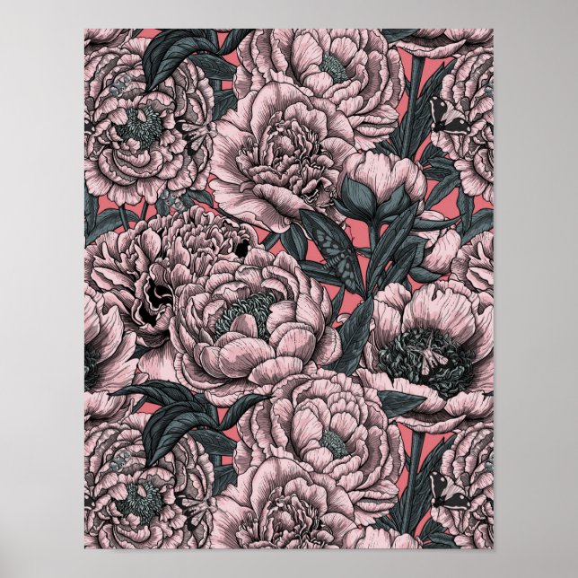 Pink peony flowers and moths poster (Front)