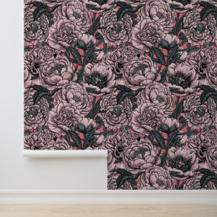 Pink peony flowers and moths wallpaper