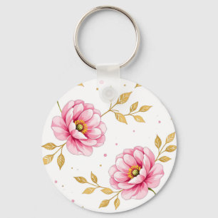 Pink Peony Flowers Golden Leaves Pattern Key Ring