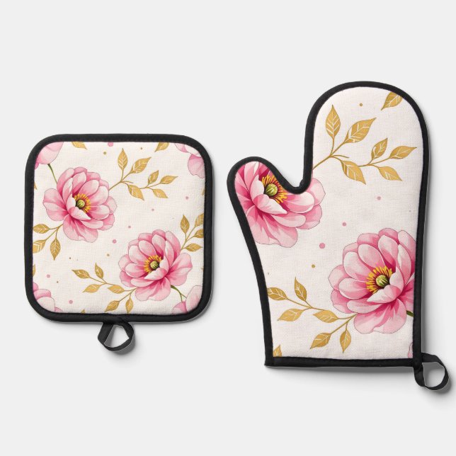 Pink Peony Flowers Golden Leaves Pattern Oven Mitt & Pot Holder Set (Front)