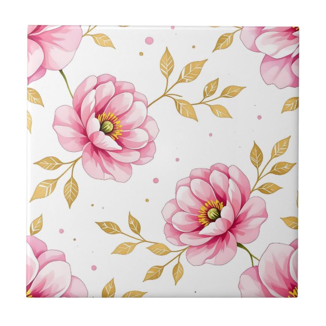 Pink Peony Flowers Golden Leaves Pattern Tile (Front)
