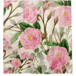 Pink Peony Flowers, Leaves & Buds Pattern Shower Curtain