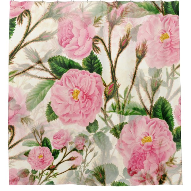 Pink Peony Flowers, Leaves & Buds Pattern  Shower Curtain (Front)