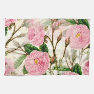 Pink Peony Flowers, Leaves & Buds Pattern  Tea Towel