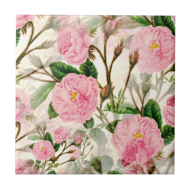 Pink Peony Flowers, Leaves & Buds Pattern  Tile (Front)