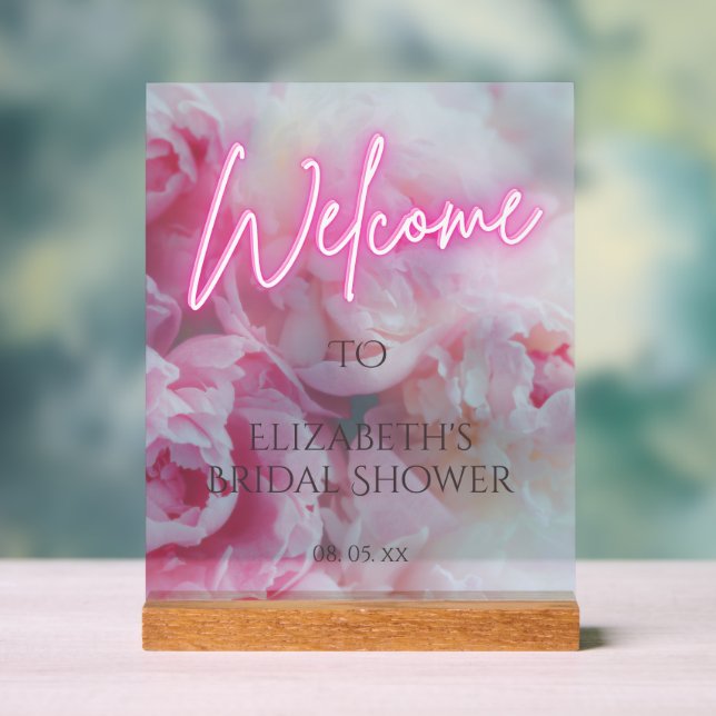 Pink Peony Flowers Neon Glow Welcome Bridal Shower Acrylic Sign (Neutral)