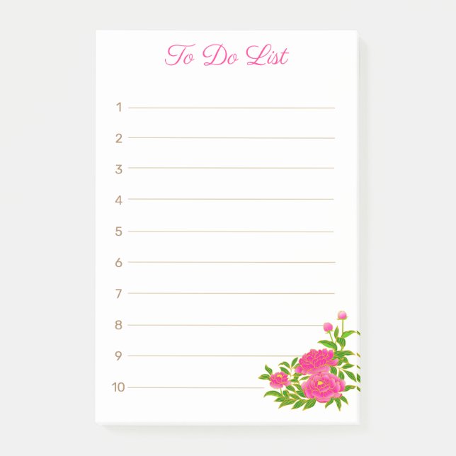 Pink Peony Flowers on white lined Post-it Notes (Front)