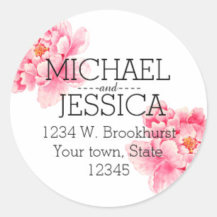 Pink Peony Flowers Personalised address Classic Round Sticker