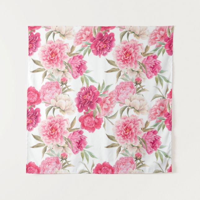 Pink peony flowers seamless pattern tapestry (Front)