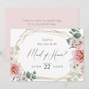 Pink Peony Flowers Will You Be My Maid of Honour Invitation