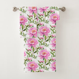 Pink Peony Flowers with Sage Green Leaves Bath Towel Set