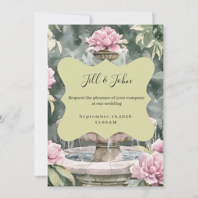 Pink Peony Garden Fountain Wedding Invitations (Front)