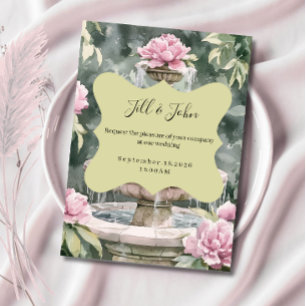Pink Peony Garden Fountain Wedding Invitations