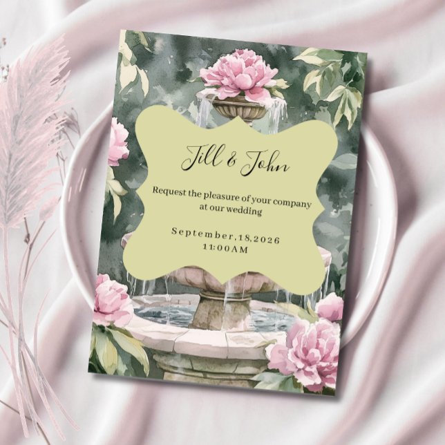 Pink Peony Garden Fountain Wedding Invitations (Creator Uploaded)