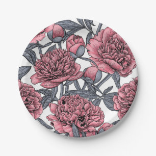 Pink peony garden paper plate