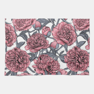 Pink peony garden tea towel