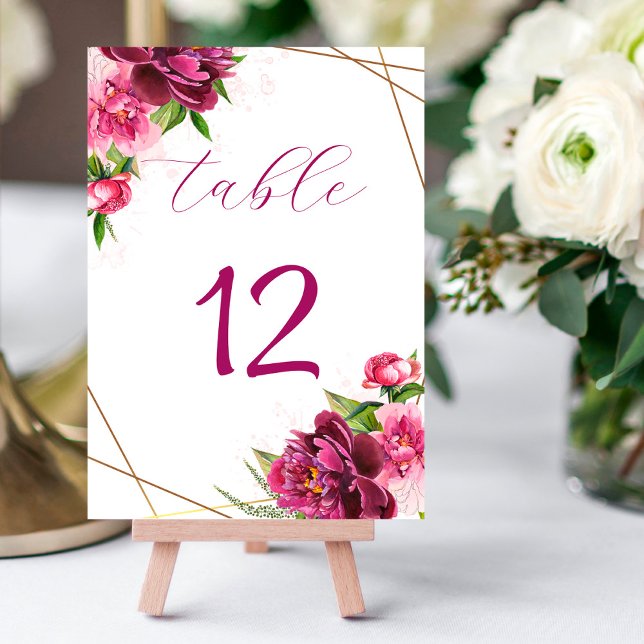 Pink peony geometric frame gold foil table number (Creator Uploaded)