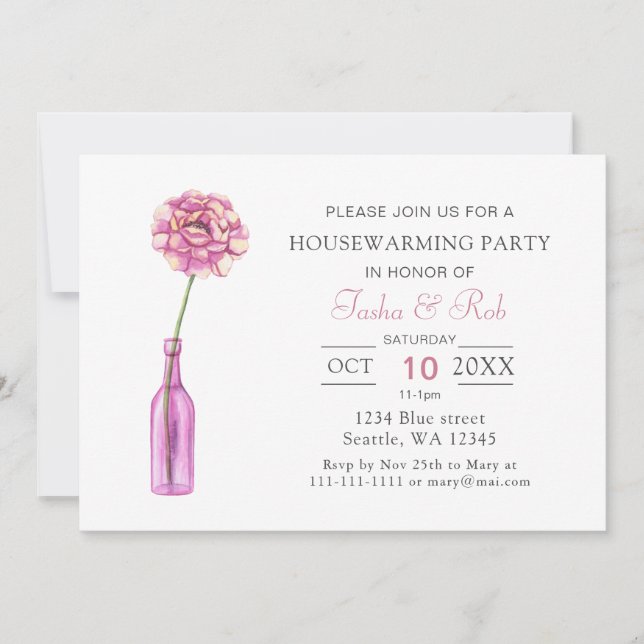 Pink Peony Glass Bottle Vase Housewarming Invitation (Front)
