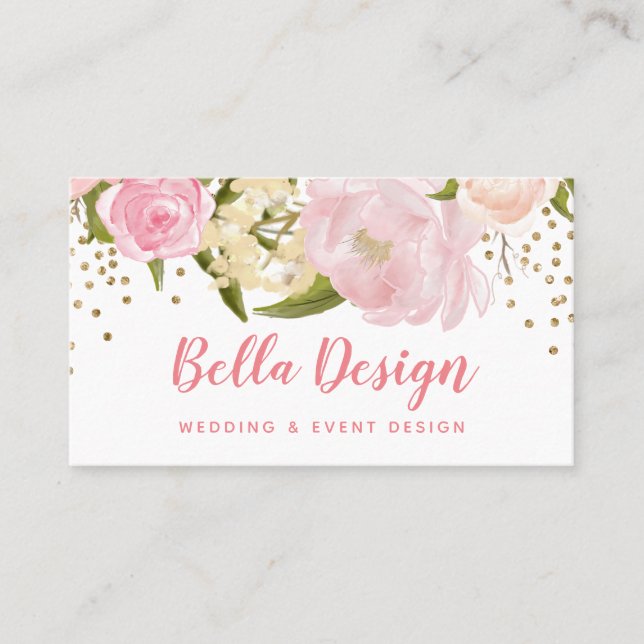Pink Peony Gold Confetti Business Card (Front)