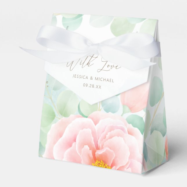 Pink Peony Greenery Eucalyptus Watercolor Wedding Favour Box (Front Side)