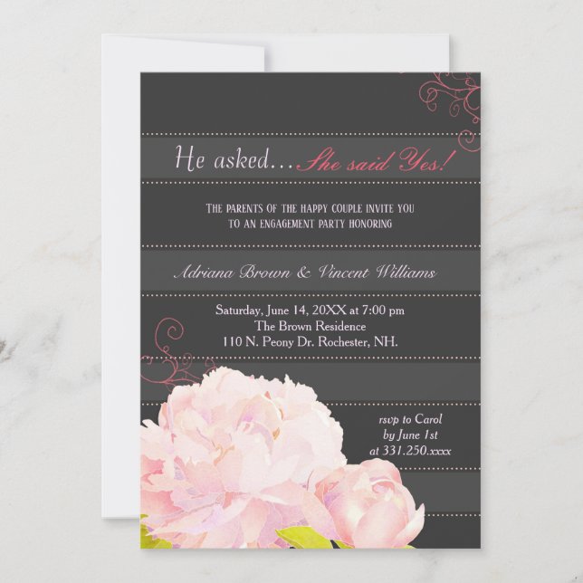 Pink Peony Grey Stripes Wedding Engagement Invitation (Front)