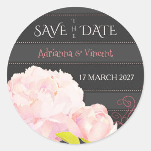 Pink Peony Grey Stripes Wedding Save the Date Classic Round Sticker