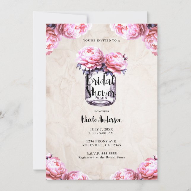 Pink Peony Mason Jar Rustic Bridal Shower  Invitation (Front)