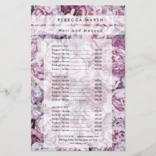 Pink Peony Monogram Salon Service Menu