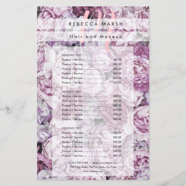 Pink Peony Monogram Salon Service Menu (Front)