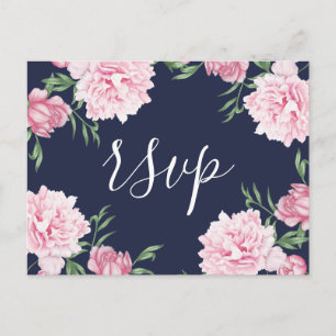 Pink Peony & Navy Background   Meal Choice RSVP Invitation Postcard