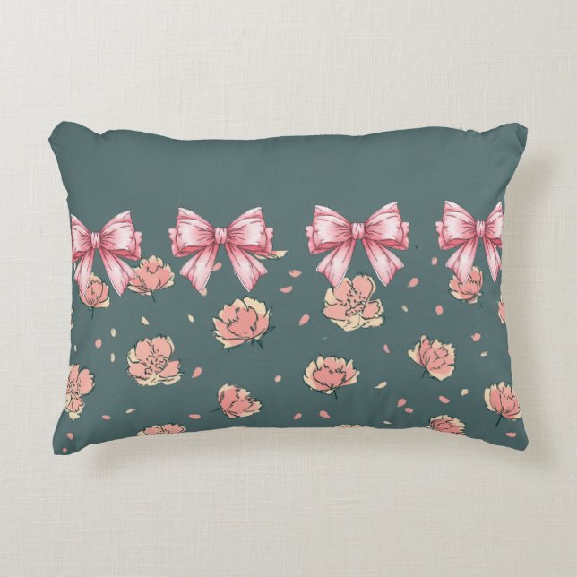 Pink Peony Pattern and Bow Decorative Cushion (Front)