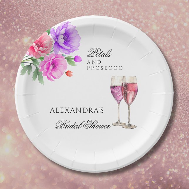 Pink Peony Petals and Prosecco Bridal Shower Paper Plate (Creator Uploaded)