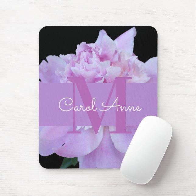 Pink Peony Purple Monogram Floral Black Mouse Pad (With Mouse)
