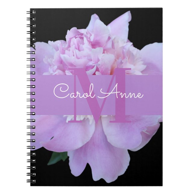 Pink Peony Purple Monogram Floral Black Notebook (Front)