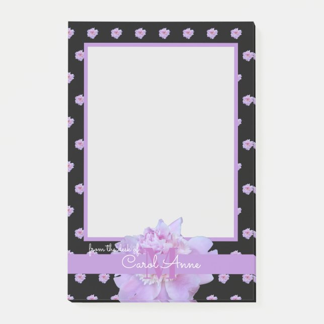 Pink Peony Purple Monogram Floral Black Notepad (Front)