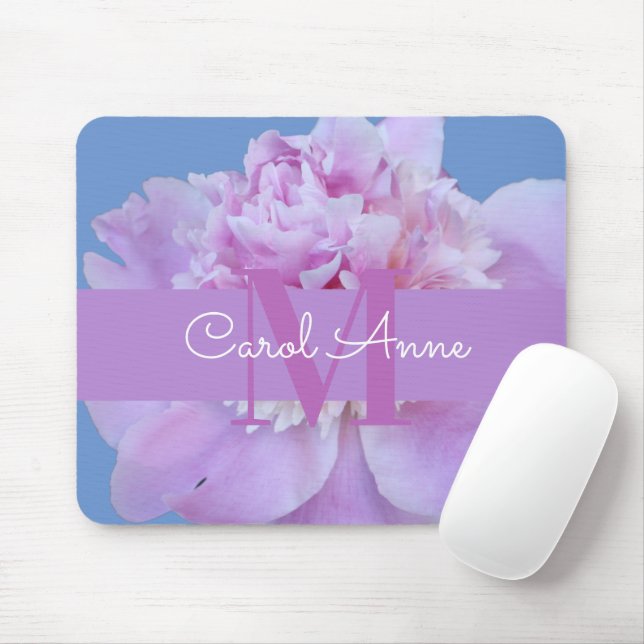 Pink Peony Purple Monogram Floral Mouse Pad (With Mouse)