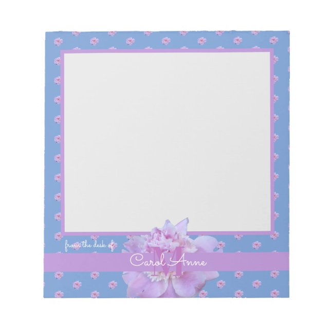 Pink Peony Purple Monogram Floral Sky Blue Notepad (Front)